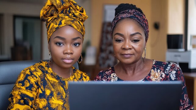 A focused elder woman learns with her attentive granddaughter by her side, both engaged in learning, sharing knowledge and experience through a computer screen. - Powered by Adobe