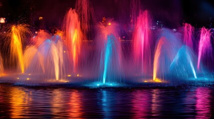 Nighttime Illuminated Fountain Show Colorful Water Jets Dance