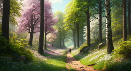 Fototapeta premium Hiking trail in the Spring, mature trees, vibrant colors, dense forest, wooded nature landscape 