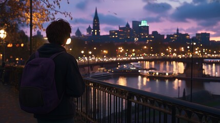 A runner pausing for a deep breath on a bridge overlooking a busy city at dusk.