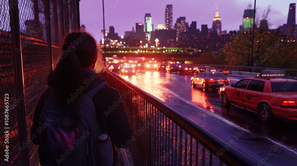 Poster a runner pausing for a deep breath on a bridge overlooking a busy city at dusk.