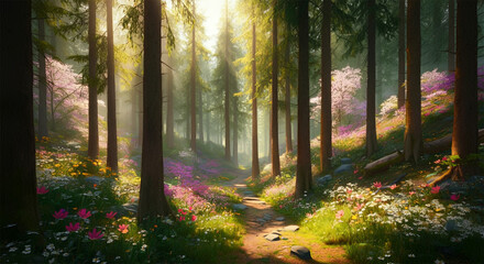 Fototapeta premium Hiking trail in the Spring, mature trees, vibrant colors, dense forest, wooded nature landscape 