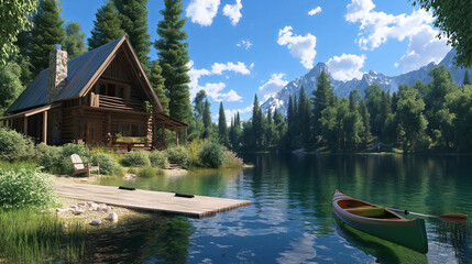Obraz premium A rustic cabin by a lake, with a kayak tied to the dock and a clear blue sky.