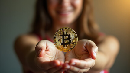 Woman holding bitcoin
