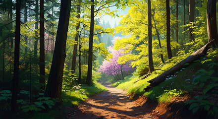 Hiking trail in the Spring, mature trees, vibrant colors, dense forest, wooded nature landscape