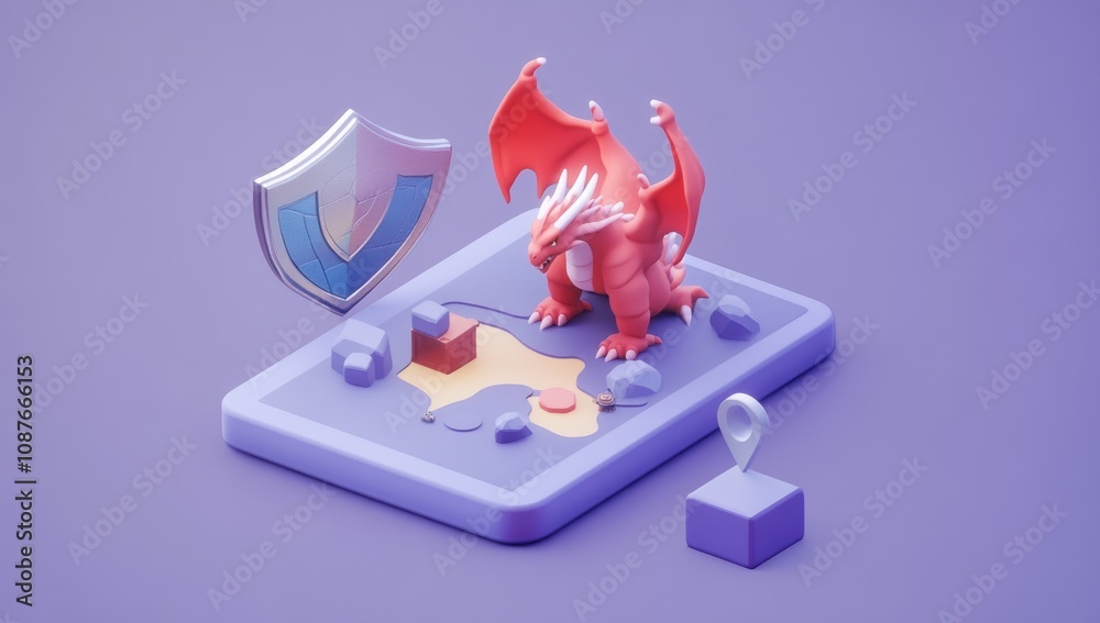 Poster a stylized dragon and shield on a digital platform, representing gaming or security themes.