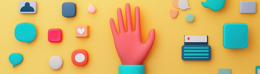 Obraz premium Cyberbullying on social media concept. Vibrant graphic of a hand and colorful social media icons.