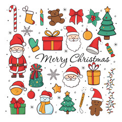 Fototapeta premium Set of hand drawn doodle Christmas elements. New Year's colorful doodle collection for stickers, scrapbooking, design. Santa Claus, gifts, snowman.