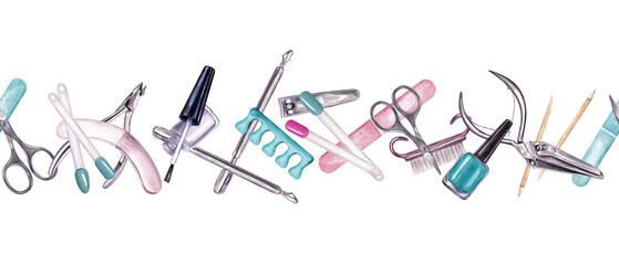 Manicure tools watercolor horizontal seamless banner. Cosmetic instruments for nail care procedure in pink, turquoise colors. Buffer, pusher, nail clippers, brush, cuticle scissors, emery board