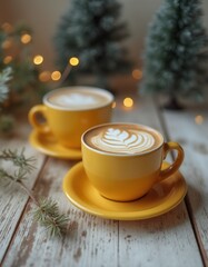 Fototapeta premium Yellow cups of coffee on the wooden table on the christmas background