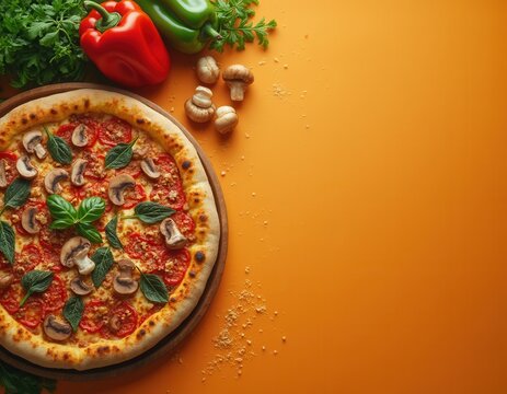 Fresh baked pizza with mushrooms, tomatoes, cheese and basil on the orange background - Powered by Adobe