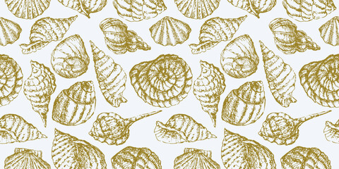 Seamless pattern of sketches different seashells, vector hand drawn background, paper, textile, wallpaper, fabric