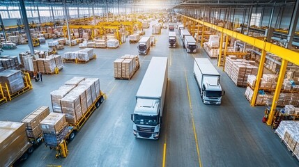 Warehouse Logistics Trucks, Forklifts, Pallets, and Cargo Distribution