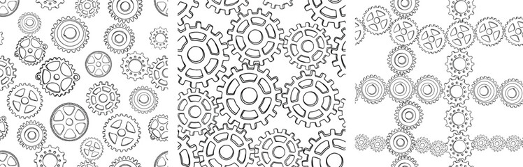 Seamless patterns of contour drawings various gear wheels, vector background, paper, wallpaper