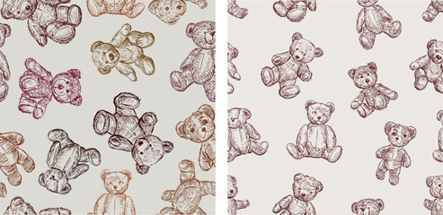 Seamless patterns of sketches different plush teddy bears toys, vector background, paper, wallpaper