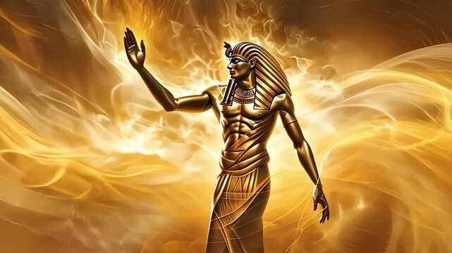 A golden pharaoh figure surrounded by swirling flames and an ethereal, mystical background, evoking ancient Egyptian themes.