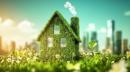 Naklejka premium A green, grassy house with a chimney emitting smoke, surrounded by flowers and a cityscape in the background, representing sustainability.