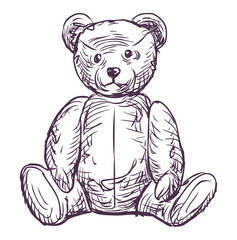 Naklejka premium Teddy bear retro plush toy sketch doodle vector outline hand drawn illustration isolated on white
