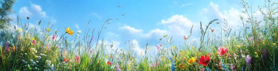 A vibrant field of wildflowers under a bright blue sky with fluffy clouds.