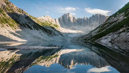 Obraz premium A stunning mountainous landscape with jagged peaks stretching towards the azure sky. A tranquil, reflective body of water rests in the foreground, reflecting the mountains and the sky.