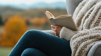 Reading a book in a cozy chair autumn landscape lifestyle image relaxing environment close-up viewpoint mindfulness concept