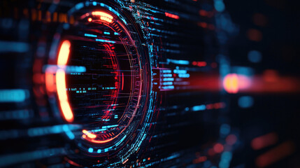 Obraz premium A vibrant, futuristic digital design featuring glowing circular patterns and streaks of light, conveying a high-tech, sci-fi atmosphere.