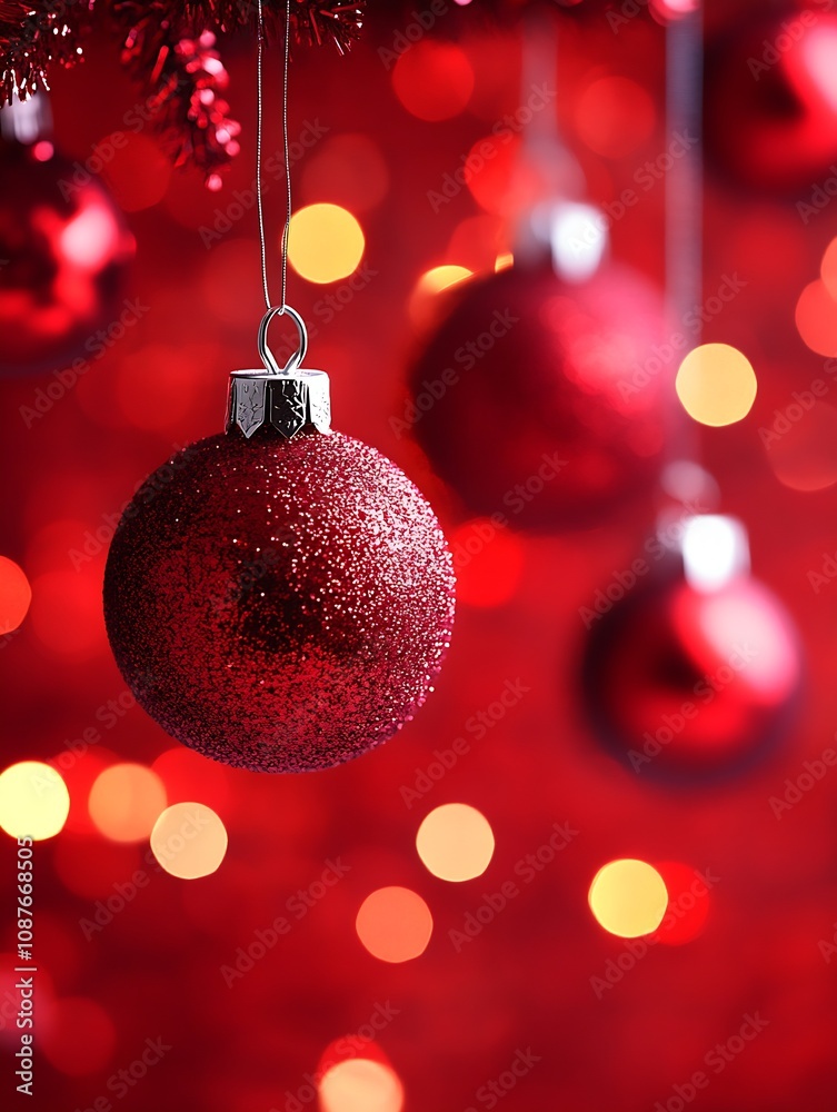 Poster elegant red christmassy bauble ornaments with lights on red bokeh background : generative ai