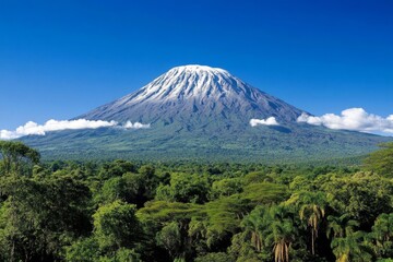 Fototapeta premium A breathtaking shot of Mount Kilimanjaro towering over the surrounding savanna under a clear blue sky
