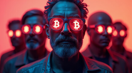 group of people with bitcoin glasses in neon vibes
