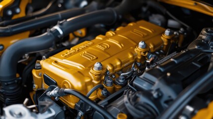 Golden engine oil flows smoothly over a glossy engine block, emphasizing care and precision in maintenance.