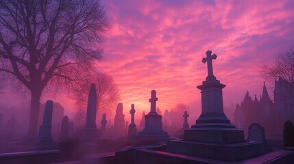 Fototapeta premium Peaceful sunset over a cemetery, capturing serenity in the end of life
