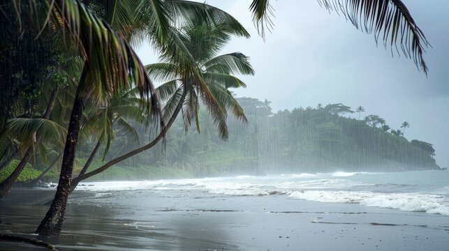 Tropical Beach Storm with Swaying Palm Trees and Crashing Waves