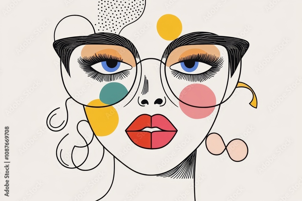 Poster a clean line drawing of a face with a bold afro, surrounded by geometric shapes