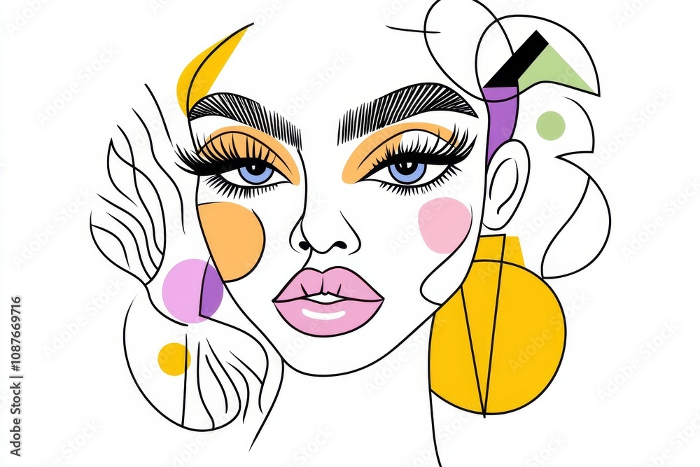 Poster a clean line drawing of a face with a bold afro, surrounded by geometric shapes