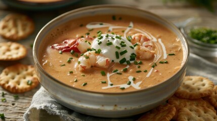 A delightful bowl of lobster bisque garnished with chopped chives and a drizzle of cream, Lobster bisque bowl centered