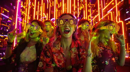 group of people with bitcoin glasses in neon vibes