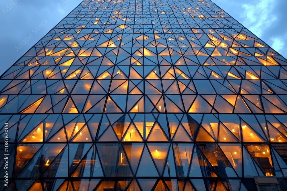 Poster A close-up of modern abstract architecture with sharp geometric patterns and metallic textures, captured under golden hour lighting