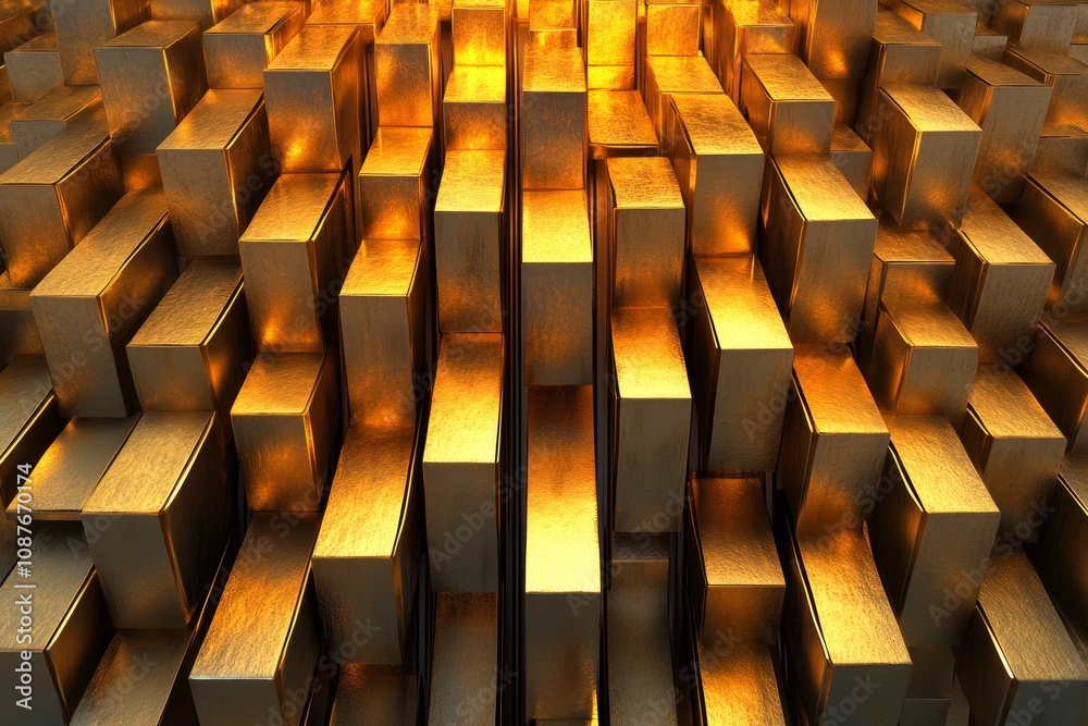Aufkleber A close-up of modern abstract architecture with sharp geometric patterns and metallic textures, captured under golden hour lighting