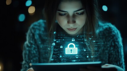 A young woman examines her bank's security settings on a tablet, focusing on a digital lock icon