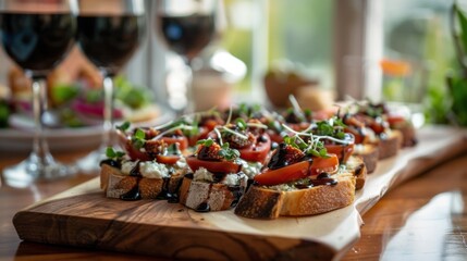 A delightful bruschetta station with a variety of toppings such as tomato-basil, goat cheese-fig