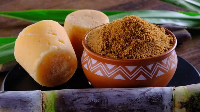 Jaggery powder with jaggery cubes. Jaggery is used as an ingredient in sweet and savoury dishes in the cuisines of India.