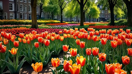 Amsterdam a vibrant city of tulips, scenic canals and rich art. Colorful Tulip Garden in Amsterdam during Spring