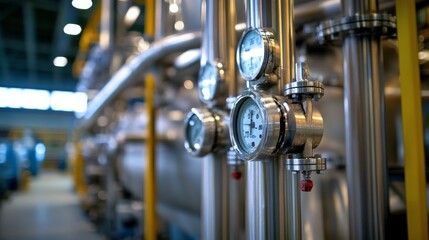 Fototapeta premium A close-up of industrial pressure gauges mounted on metallic pipes, showcasing a modern facility's engineering and efficiency.