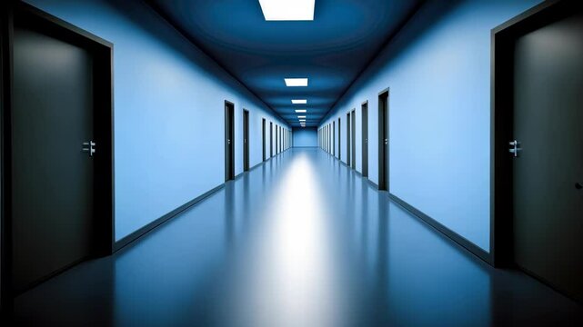 Endless blue corridor with dim lighting captures eerie symmetry and depth