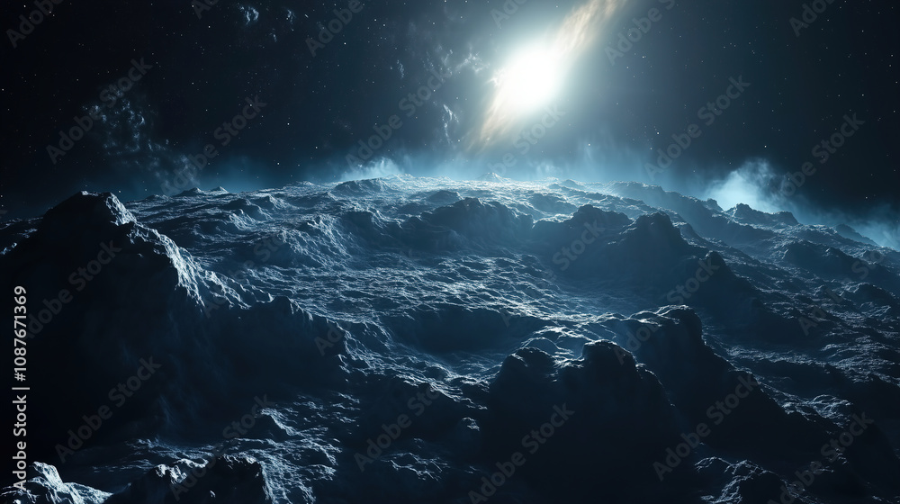 Poster stunning view of a celestial landscape with distant galaxy illuminated in the night sky over a rocky