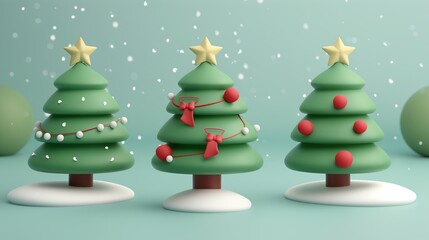 Three stylized Christmas trees with different decorations under snowfall on a light teal background.