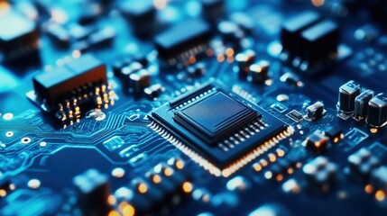 Obraz premium Close-up of a Blue Circuit Board with a Processor Chip