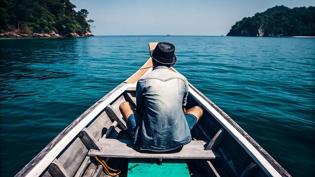 A Young Tourist Sailing on a Wooden Boat for a Beautiful Ocean Island. Adventure excursion to see the island's wildlife