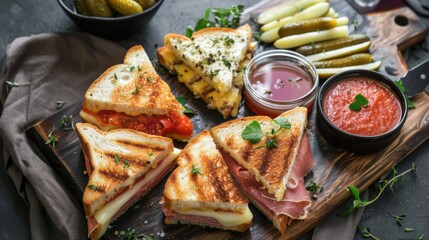 A delightful grilled cheese sandwich platter with gourmet fillings like brie, fig jam