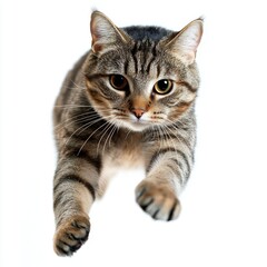 Fototapeta premium A playful tabby cat in mid-leap, captured on a white isolated background.